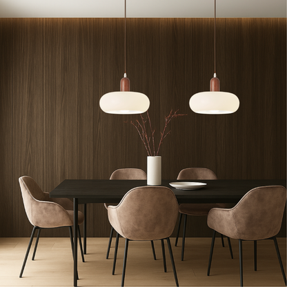 Pendant Light Ceiling Fixture with Cream Shade and Wood Accent for Dining Room, Kitchen Island, Bar Area & Living Space
