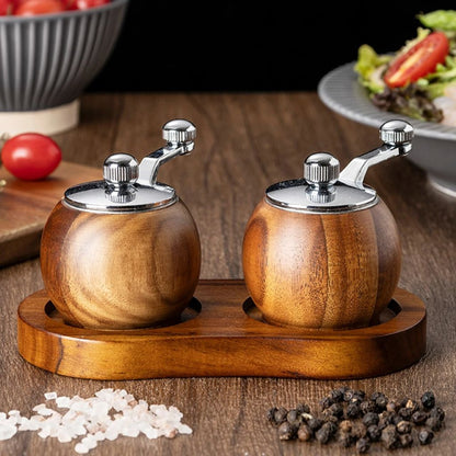 Wood Salt & Pepper Grinder Set with Stand Hand-Crank Mills for Kitchen Table Dining Countertop Seasoning Display