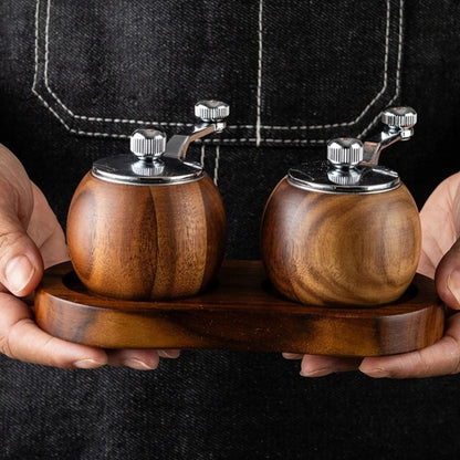 Wood Salt & Pepper Grinder Set with Stand Hand-Crank Mills for Kitchen Table Dining Countertop Seasoning Display