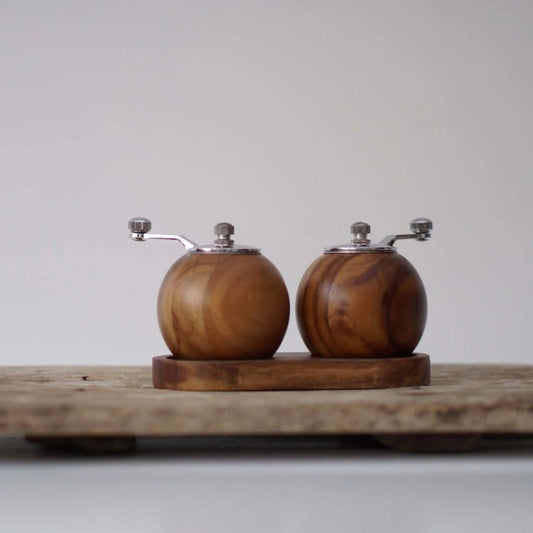 Juego de molinillos de sal y pimienta de madera con soporte, molinos manuales para mesa de cocina, encimera de comedor y exhibición de condimentos
