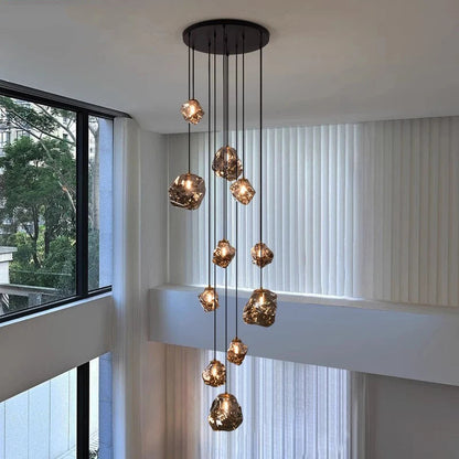 Modern Multi-Light Stairwell Chandelier with Remote – Dimmable LED Cluster Pendant for High Ceilings – Glass Globe Hanging Light