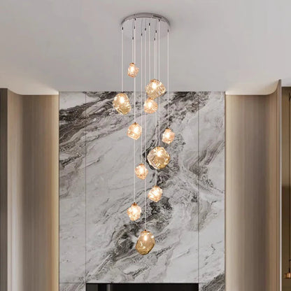 Modern Multi-Light Stairwell Chandelier with Remote – Dimmable LED Cluster Pendant for High Ceilings – Glass Globe Hanging Light