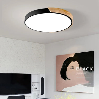 Modern Flush-Mount LED Ceiling Light with Wood Accent – Round Dome Design for Bedroom, Living Room & Office