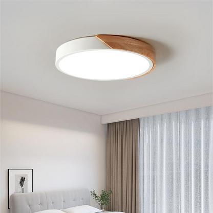 Modern Flush-Mount LED Ceiling Light with Wood Accent – Round Dome Design for Bedroom, Living Room & Office