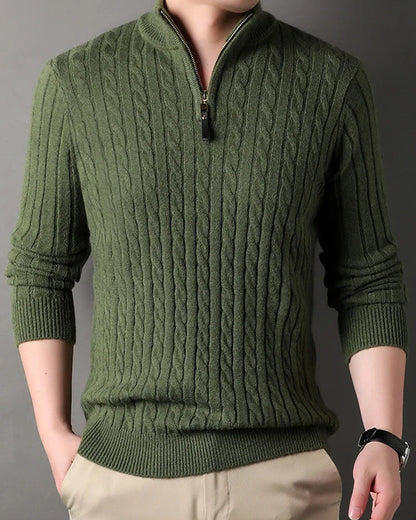 Men's Cable Knit Half-Zip Pullover Sweater – Classic Fit Ribbed Collar Knitwear for Casual & Smart Occasions