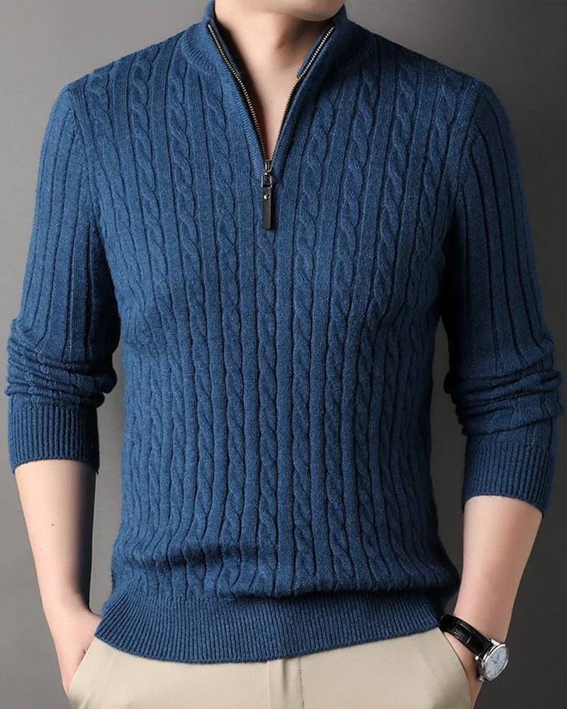 Men's Cable Knit Half-Zip Pullover Sweater – Classic Fit Ribbed Collar Knitwear for Casual & Smart Occasions