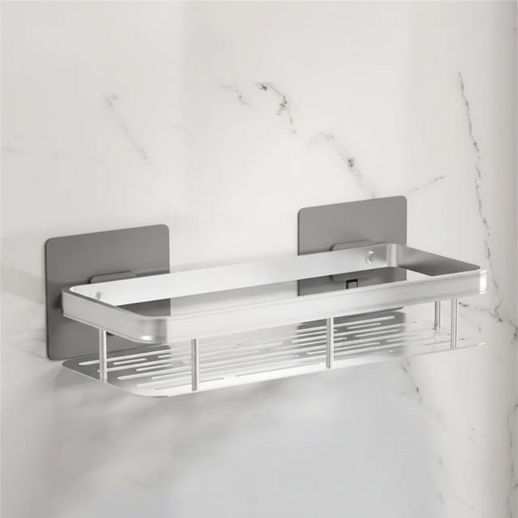 Adhesive Bathroom Corner Shelf - No Drill Wall Organizer with Strong Hold for Shampoo, Soap & Toiletries - ABS & Stainless Steel