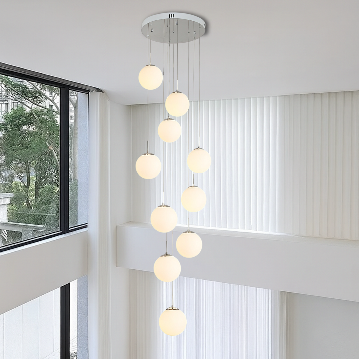 Cascading Glass Globe Chandelier with Adjustable Height LED Stairwell Lighting for Entryways & High Ceilings