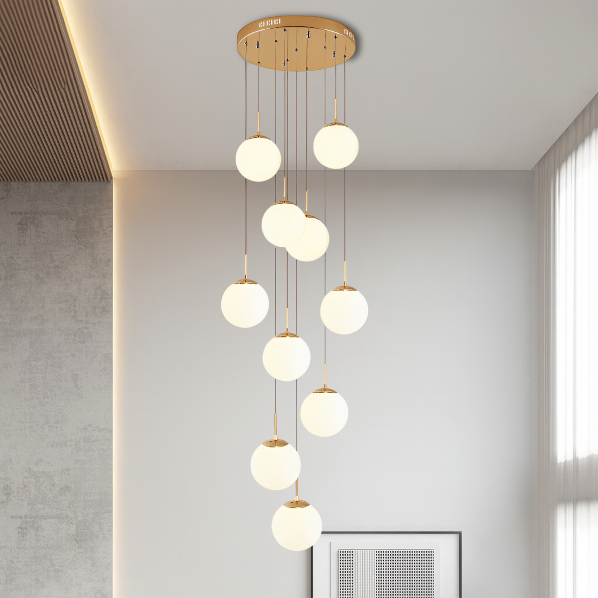 Cascading Glass Globe Chandelier with Adjustable Height LED Stairwell Lighting for Entryways & High Ceilings