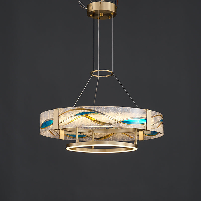 Brass Glass Pendant Fixture Dimmable LED Adjustable Height Round Ceiling Light for Dining Room Kitchen Island Living Room Modern Art Deco Li