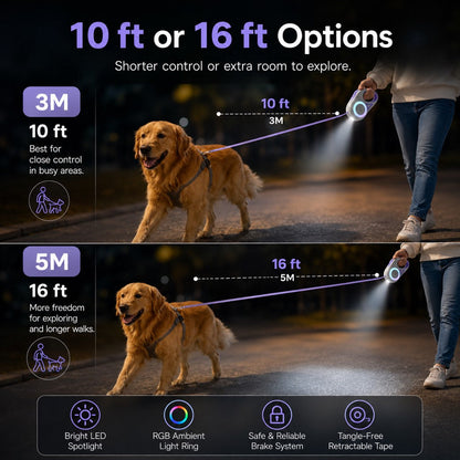 Ortekor LED Retractable Dog Leash for Night Walks - Light-Up Dog Leash with Built-In Spotlight, RGB Side Glow & One-Touch Brake for Safer Evening Walks