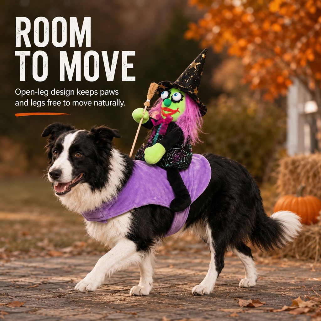 Ortekor 3D Witch Rider Halloween Pet Costume for Trick-or-Treating, Parties & Photos – Instant Funny Look for Dogs & Cats