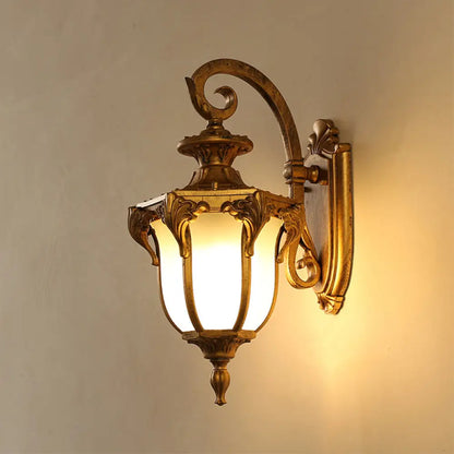 Outdoor Wall Sconce with Curved Arm and Frosted Glass Shade - Porch Lantern for Front Door, Patio, Entryway, or Garage - Vintage Rustic