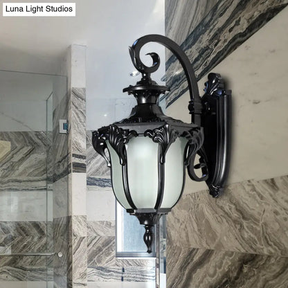 Outdoor Wall Sconce with Curved Arm and Frosted Glass Shade - Porch Lantern for Front Door, Patio, Entryway, or Garage - Vintage Rustic
