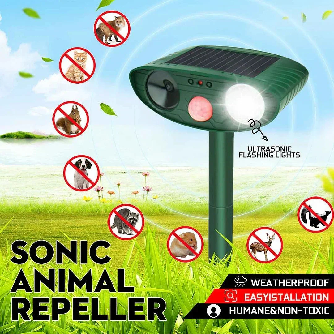 Motion-Activated Animal Deterrent with Solar Panel for Yard Protection | Ultrasonic Pest Control Device for Deer Dogs Raccoons