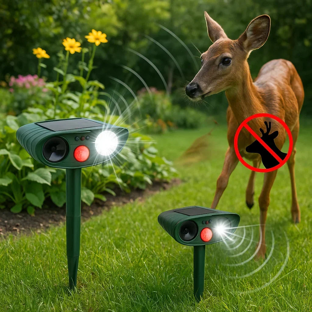 Motion-Activated Animal Deterrent with Solar Panel for Yard Protection | Ultrasonic Pest Control Device for Deer Dogs Raccoons