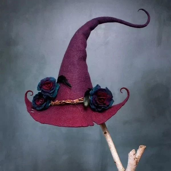 Handcrafted Merino Wool Pointed Costume Hat for Women Adults Halloween Party Cosplay Adjustable Headwear Purple Red Blue Brown