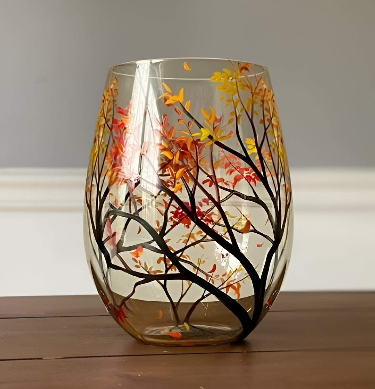 Hand-Painted Seasonal Tree Wine Glass Set – Artistic Stemmed or Stemless Design for Home Entertaining & Collectors