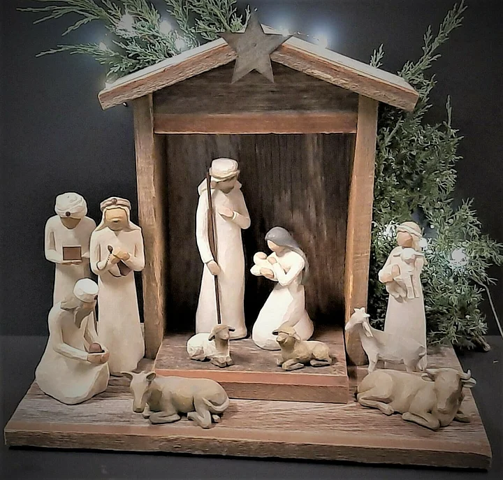 Handcrafted Wooden Nativity Scene with 20 Figurines – Complete Christmas Manger Display Set for Home Decor