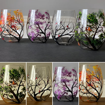 Hand-Painted Seasonal Tree Wine Glass Set – Artistic Stemmed or Stemless Design for Home Entertaining & Collectors