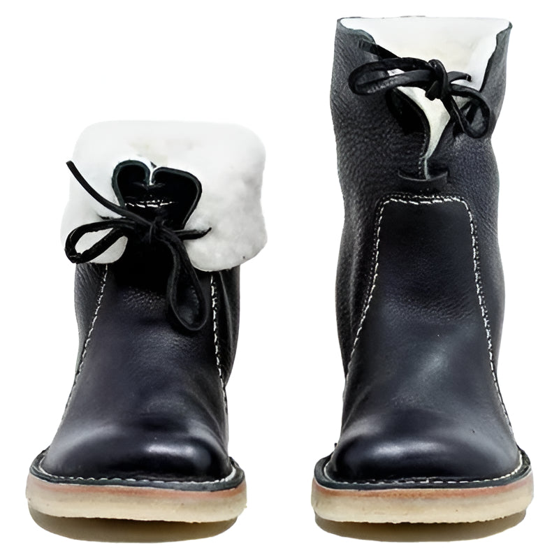 Women's Waterproof Leather Ankle Boots with Natural Wool Lining – Handcrafted Winter Footwear with Adjustable Fold-Over Collar for Cold