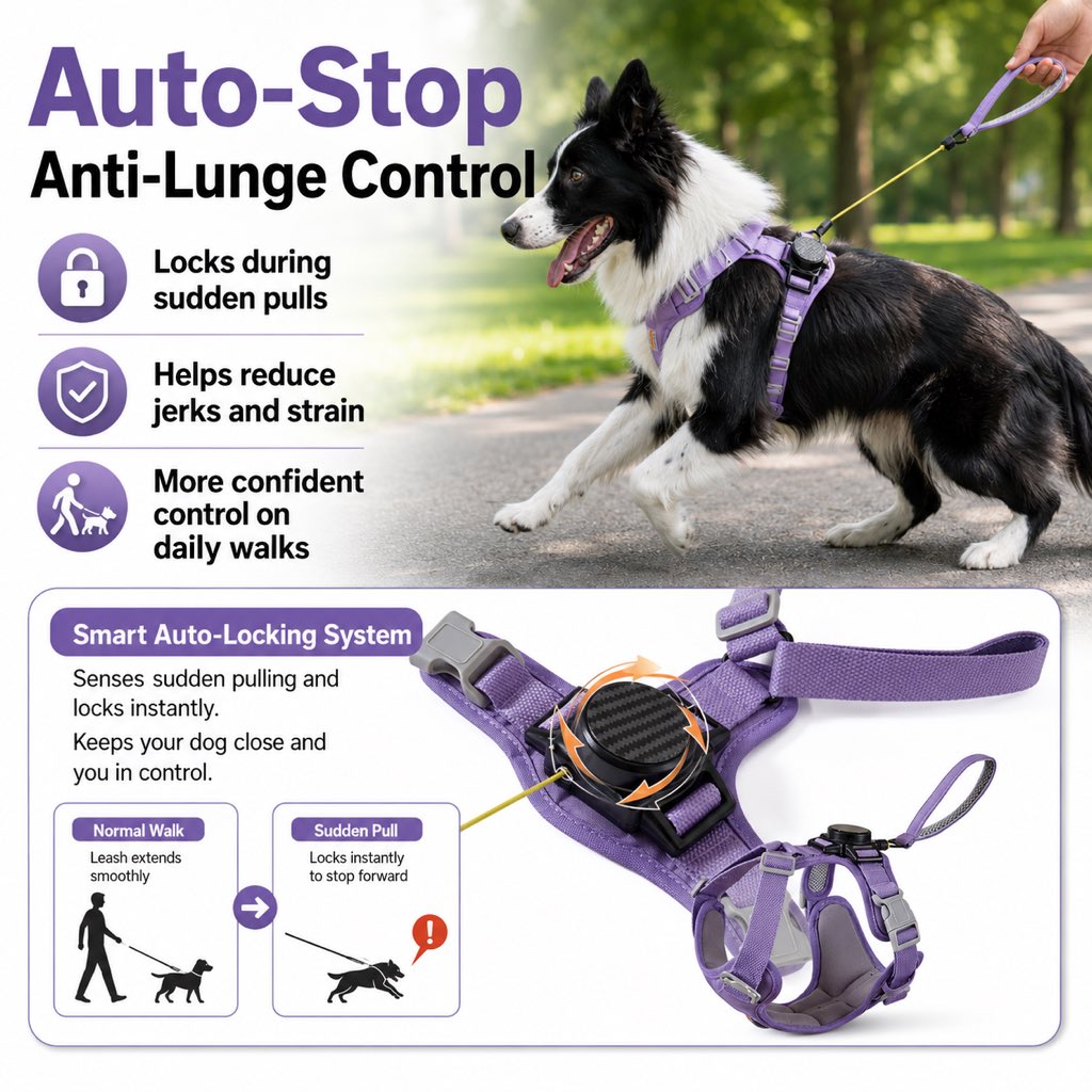 Ortekor 2-in-1 Retractable Dog Harness for Daily Walks - Built-In Leash Vest with Auto-Stop Control for Small & Medium Dogs