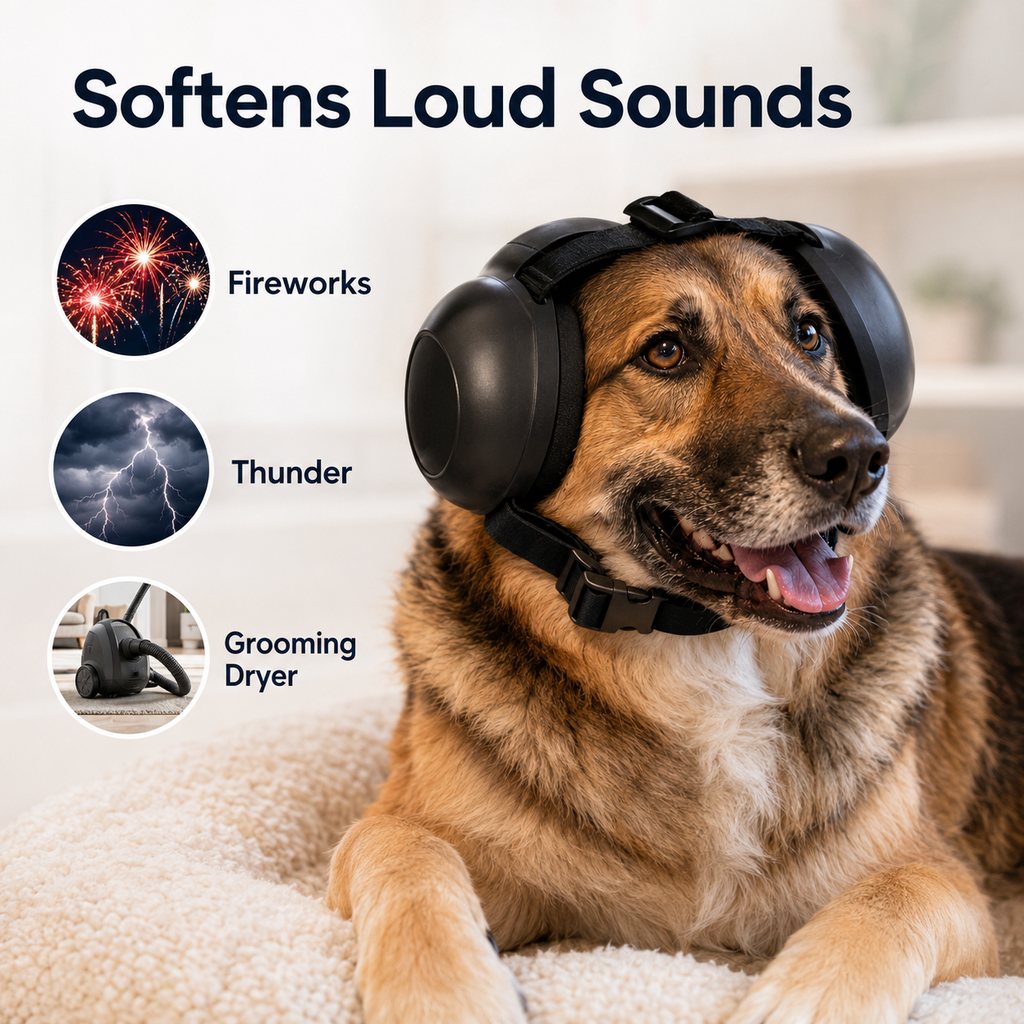 Ortekor Dog Noise-Reducing Ear Muffs for Fireworks, Thunderstorms & Grooming - Adjustable Anxiety Comfort Ear Protection for Medium & Large Dogs