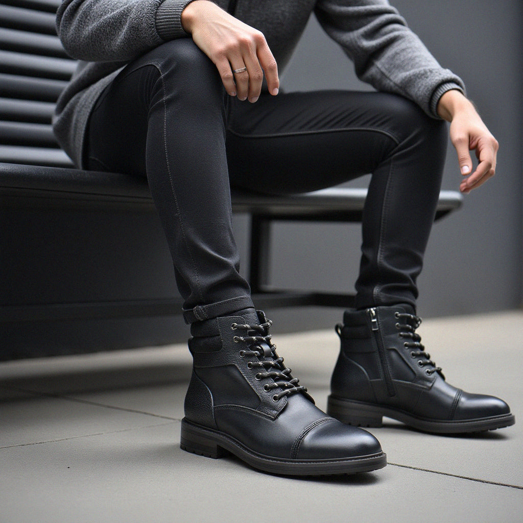 Men's Waterproof Leather Combat Boots with Reinforced Stitching & Anti-Slip Sole for Work, Hiking & Everyday Wear