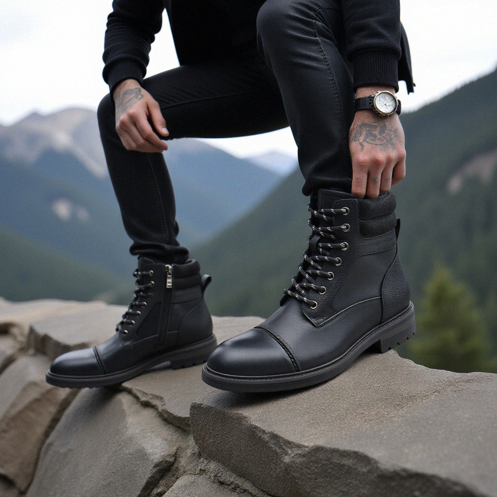 Men's Waterproof Leather Combat Boots with Reinforced Stitching & Anti-Slip Sole for Work, Hiking & Everyday Wear