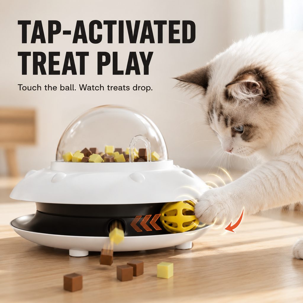 Ortekor PawOrbit UFO Motion-Activated Cat Treat Dispenser Toy - Interactive Puzzle Feeder for Indoor Cats, Keeps Cats Busy While You Work