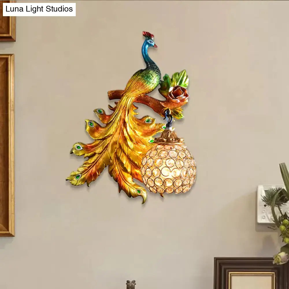 Decorative Bird Wall Sconce with Crystal Orb Shade – Resin Accent Lighting for Living Room, Bedroom & Hallway – Left or Right Facing Design