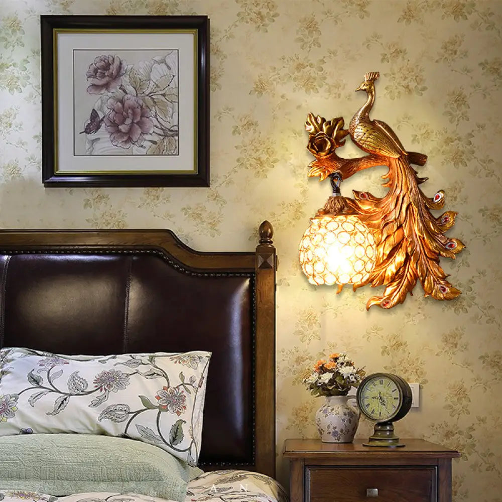 Decorative Bird Wall Sconce with Crystal Orb Shade – Resin Accent Lighting for Living Room, Bedroom & Hallway – Left or Right Facing Design