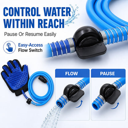 Ortekor Pet Bathing Glove with Hose for Bathtub & Backyard Washes - One-Hand Water Flow Grooming Glove