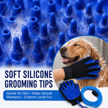 Ortekor Pet Bathing Glove with Hose for Bathtub & Backyard Washes - One-Hand Water Flow Grooming Glove