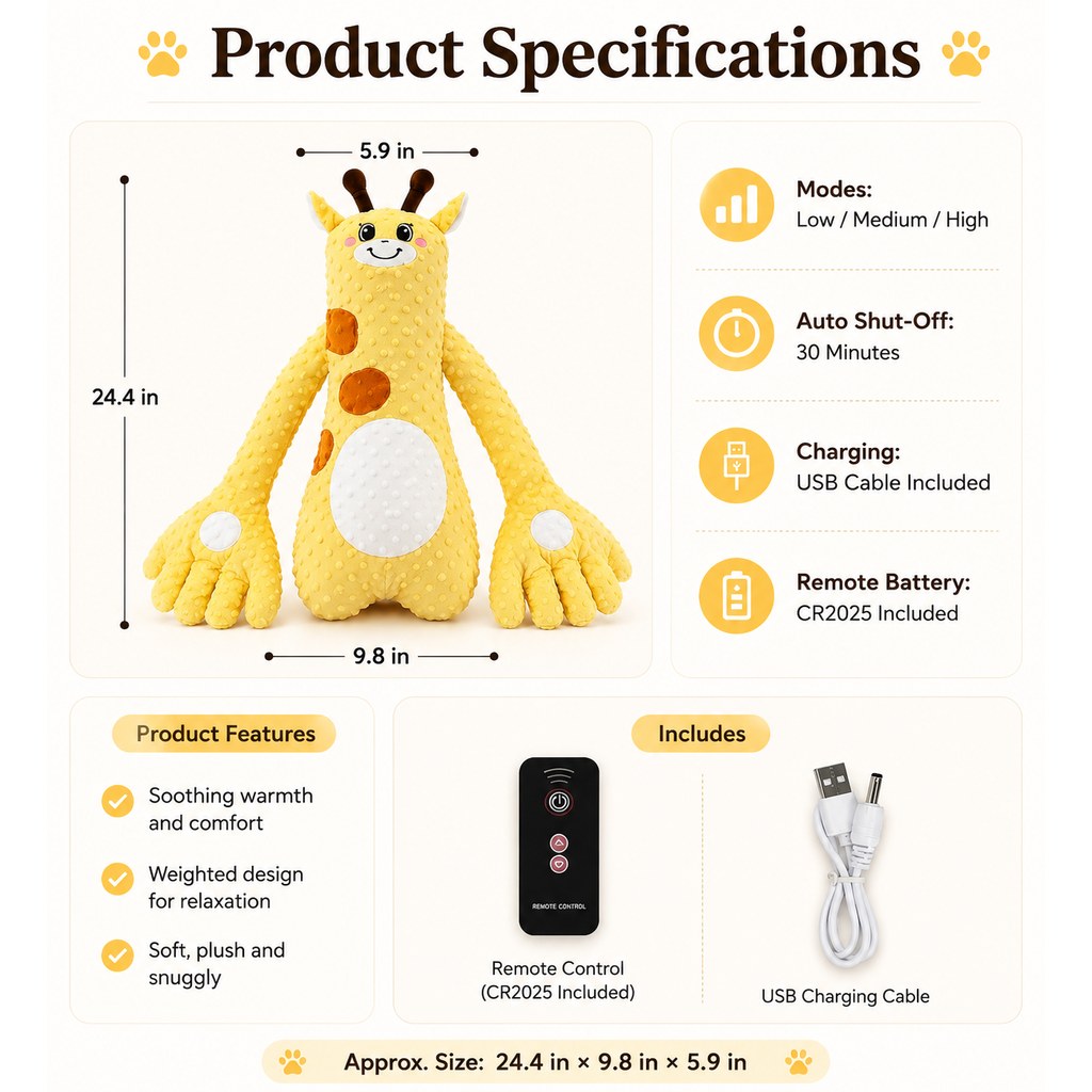 Ortekor Remote-Controlled Pet Calming Plush Companion with Heated Paws – 3 Comfort Modes & 30-Min Auto Shut-Off for Dogs and Cats, Cozy Bedtime Companion
