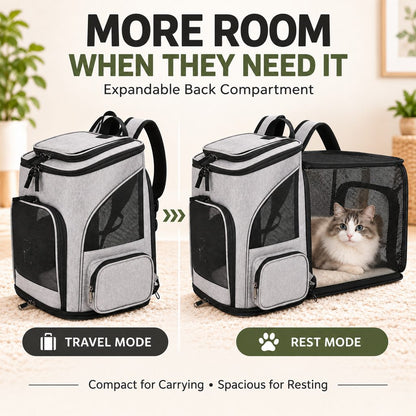 Ortekor Expandable Pet Carrier Backpack for Cats & Small Dogs - Breathable Mesh Travel Backpack with Extra Rest Space for Trips & Vet Visits
