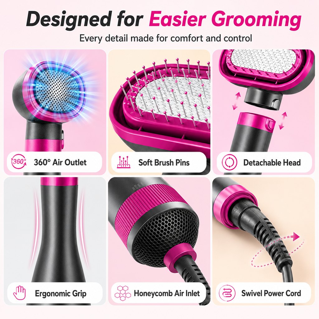 Ortekor 4-in-1 Pet Dryer Brush for After-Bath Grooming, Low-Noise Dog & Cat Hair Dryer Comb for Easier Drying, Brushing & Detangling