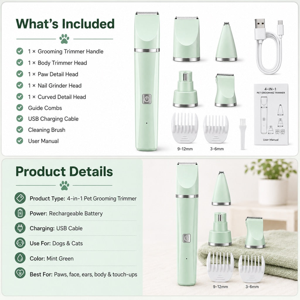 Ortekor 4-in-1 Cordless Pet Grooming Trimmer for Dogs & Cats - At-Home Paw, Face & Body Hair Touch-Ups for Nervous Pets