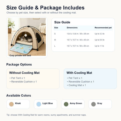 Ortekor Pet Tent Bed with Cooling Mat for Indoor Naps & Hot Weather — Foldable Private Hideaway for Cats, Kittens & Small Dogs