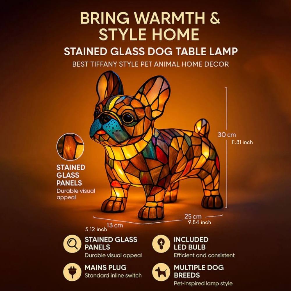 Impresionante lámpara de mesa con forma de perro de vidrieras