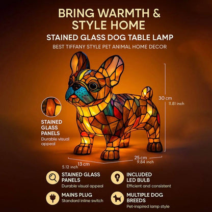 Impresionante lámpara de mesa con forma de perro de vidrieras