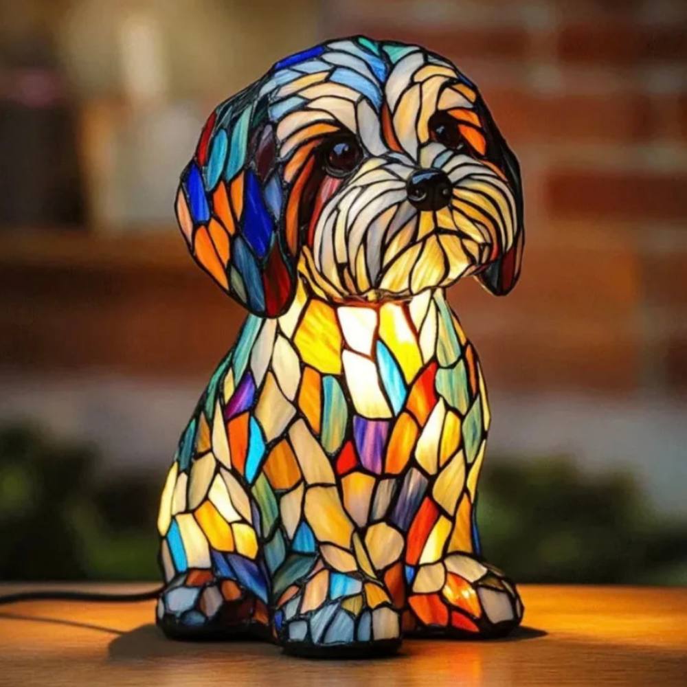 Impresionante lámpara de mesa con forma de perro de vidrieras