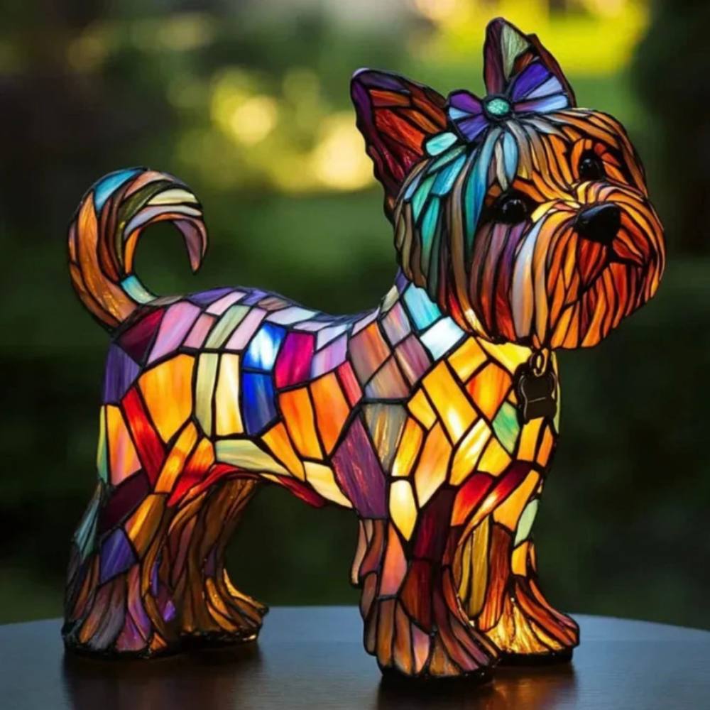 Impresionante lámpara de mesa con forma de perro de vidrieras