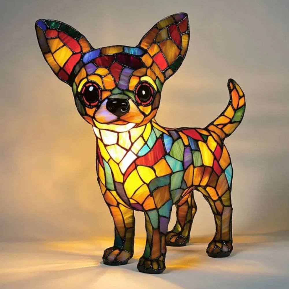 Impresionante lámpara de mesa con forma de perro de vidrieras