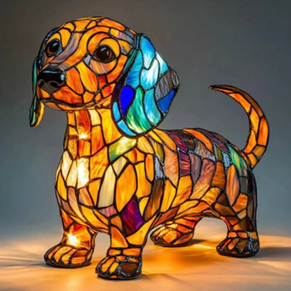 Impresionante lámpara de mesa con forma de perro de vidrieras