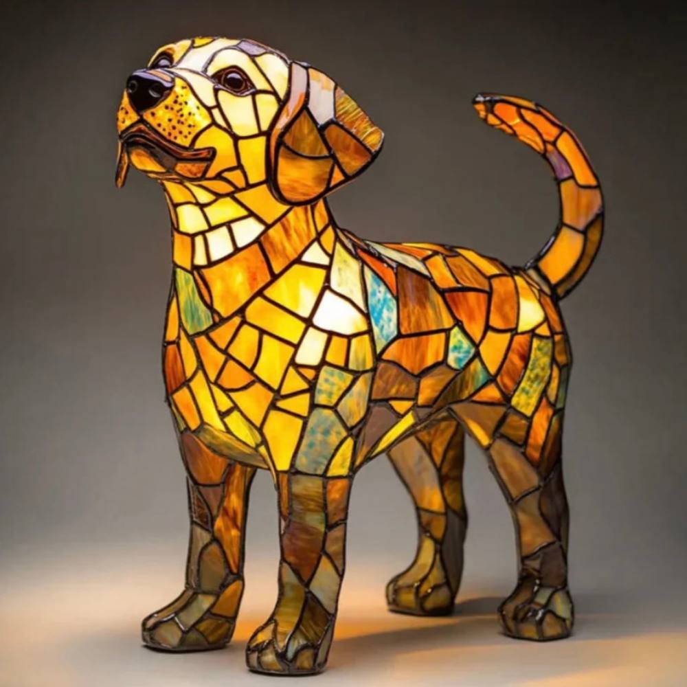 Impresionante lámpara de mesa con forma de perro de vidrieras