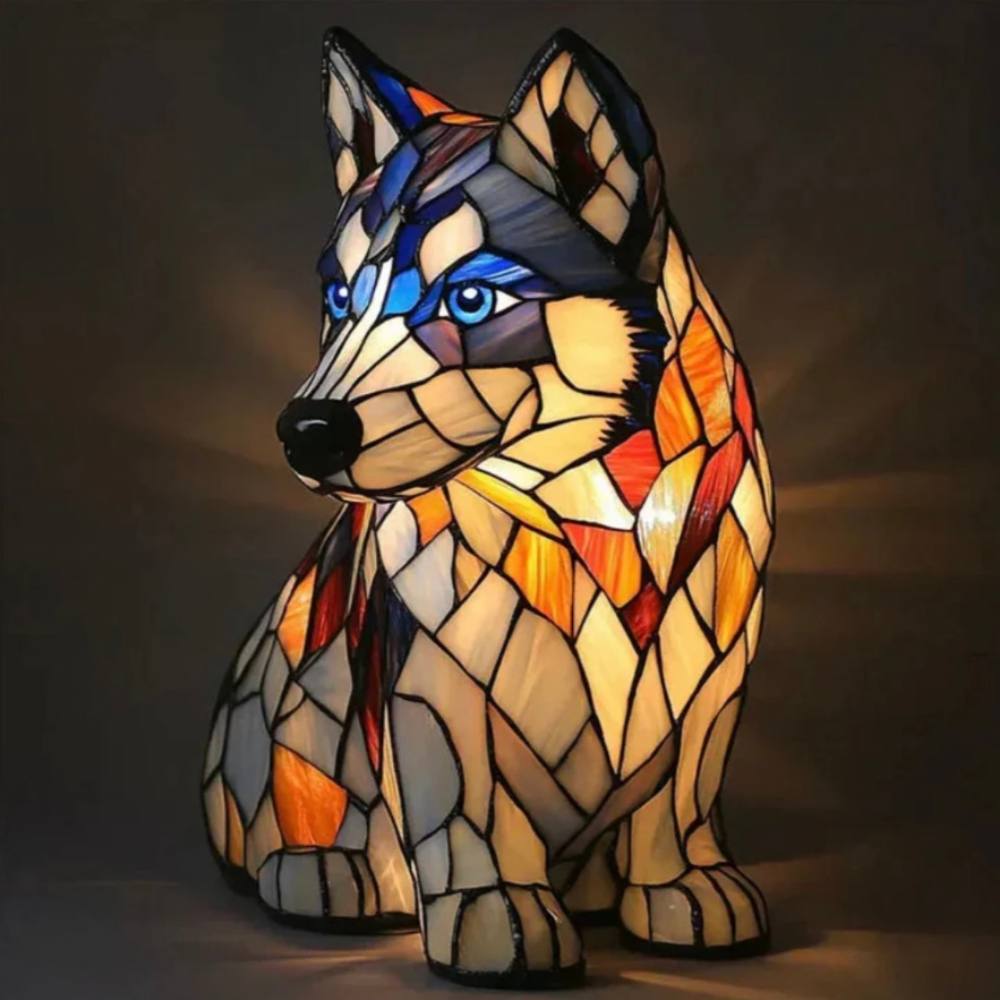 Impresionante lámpara de mesa con forma de perro de vidrieras
