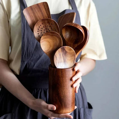 Juego de utensilios de cocina rústicos de madera, duraderos y elegantes