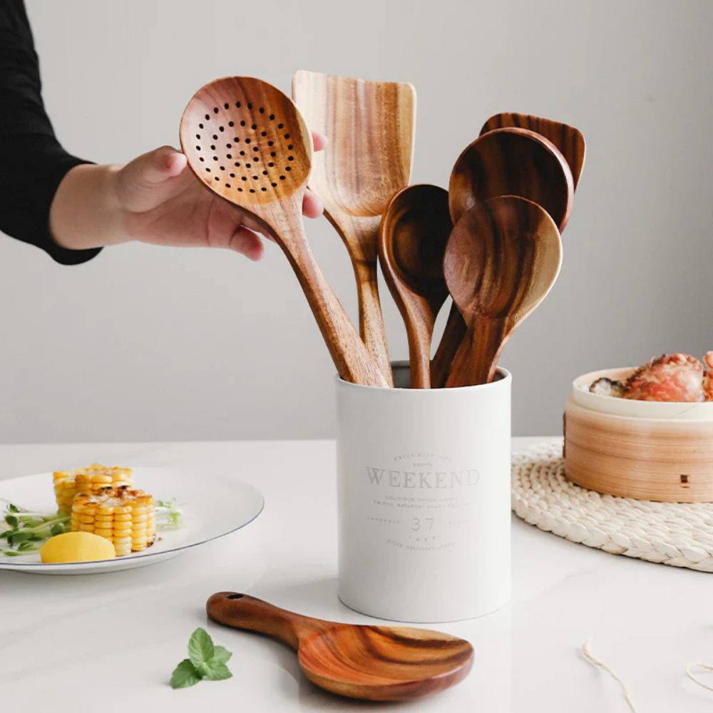 Juego de utensilios de cocina rústicos de madera, duraderos y elegantes