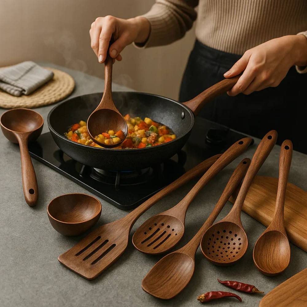 Juego de utensilios de cocina rústicos de madera, duraderos y elegantes